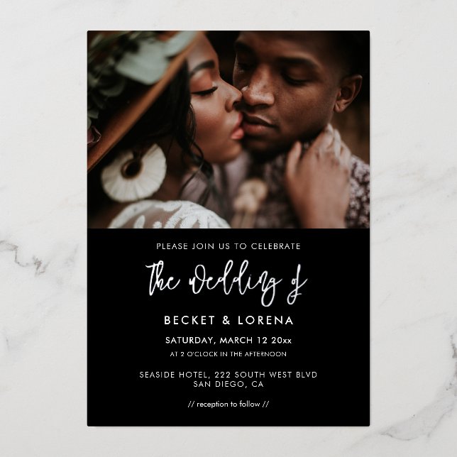 Invitation En Aluminium Mariage moderne contemporain photo noir & argent (Recto)