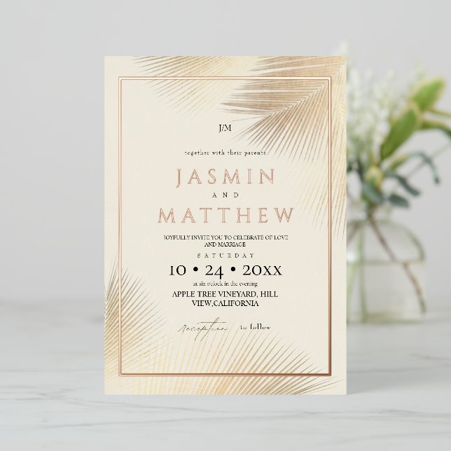 Invitation En Aluminium Mariage Moderne de Plage Côtière Palmier en Or (Debout devant)