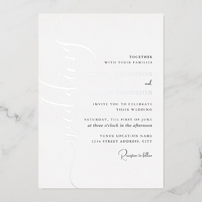 Invitation En Aluminium Mariage Moderne Écriture Argentée  (Recto)