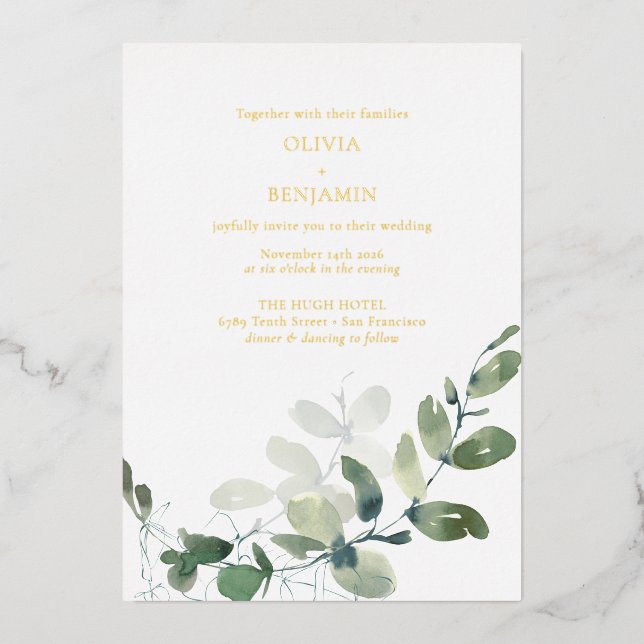 Invitation En Aluminium Mariage moderne Elégant Botanique Vert Eucalyptus (Recto)