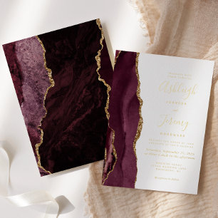 Invitation En Aluminium Mariage Moderne en Agate Rouge de Bourgogne et Or