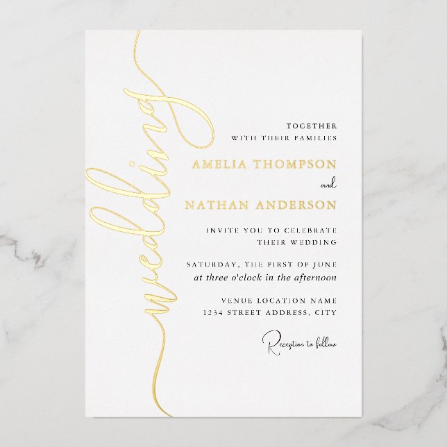 Invitation En Aluminium Mariage moderne en écriture dorée  (Recto)