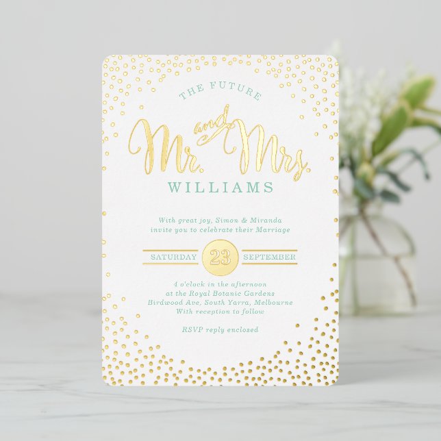 Invitation En Aluminium MARIAGE MODERNE ET ÉLÉGANT mini confettis vert men (Debout devant)