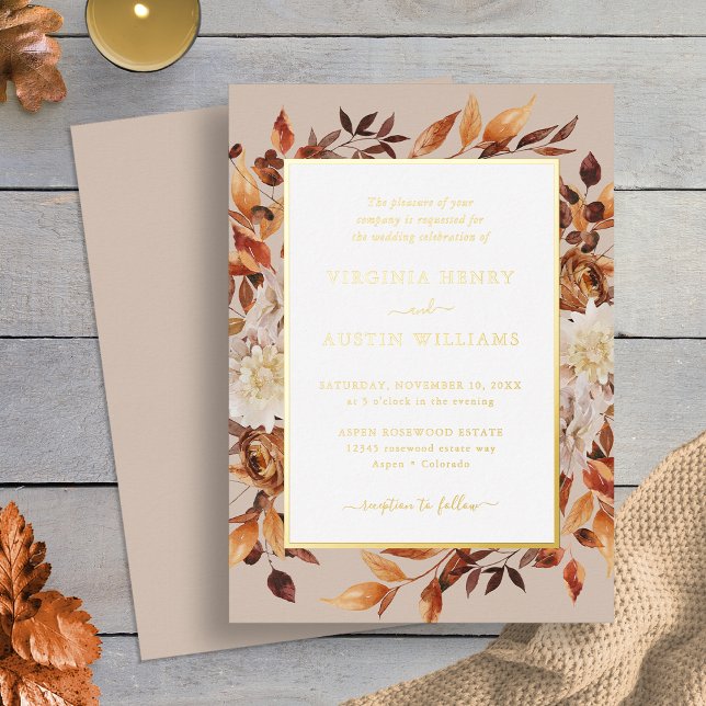 Invitation En Aluminium Mariage moderne Fall Gold (Fall Copper Leaves Taupe Floral Gold Modern Wedding Foil Invitation by Painted Paperie
)