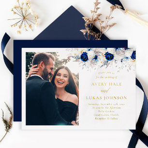 Invitation En Aluminium Mariage Moderne Fleurs Bleues Photo Or Réel
