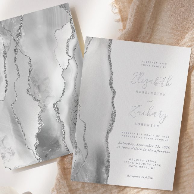 Invitation En Aluminium Mariage Moderne Gris Blanc Argent Agate (Créateur téléchargé)