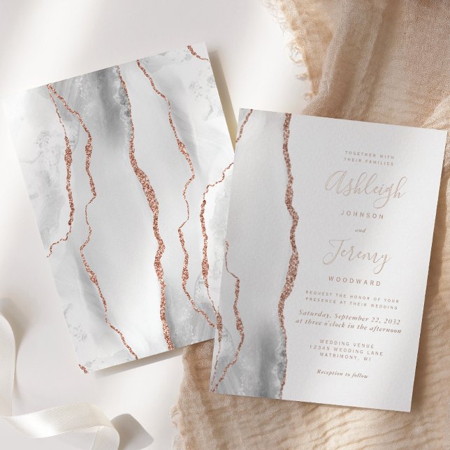 Invitation En Aluminium Mariage Moderne Gris Blanc Rose Or Agate (Créateur téléchargé)