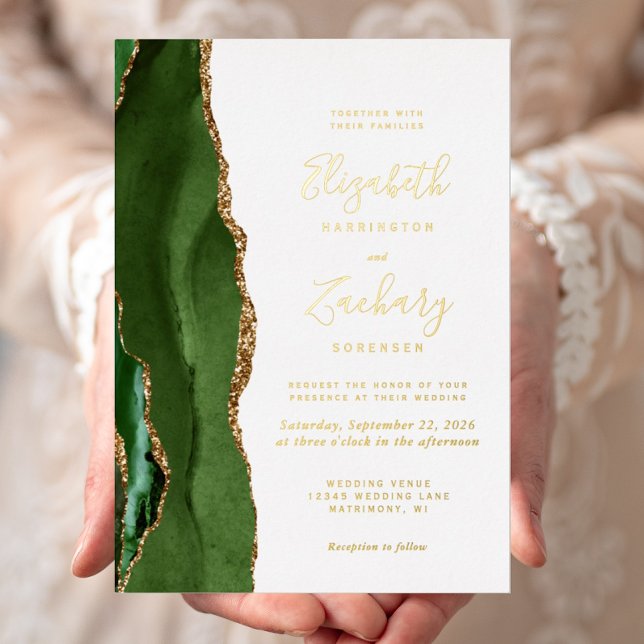 Invitation En Aluminium Mariage moderne Hunter Green Gold Agate (Créateur téléchargé)