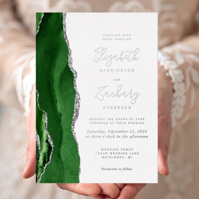 Invitation En Aluminium Mariage moderne Hunter Green Silver Agate (Créateur téléchargé)