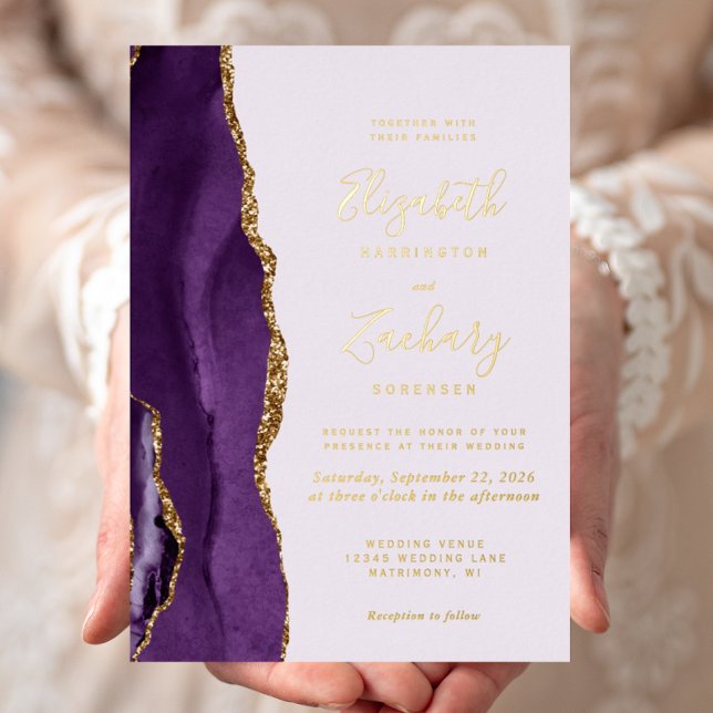 Invitation En Aluminium Mariage Moderne Lavande Agate Or Pourpre (Créateur téléchargé)