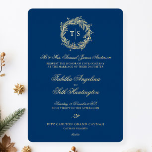 Invitation En Aluminium Mariage Moderne Monogramme Or Bleu