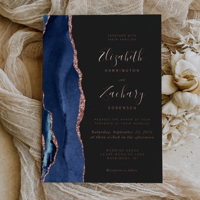 Invitation En Aluminium Mariage Moderne Navy Blue Or Rose Agate (Créateur téléchargé)
