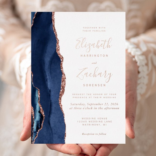 Invitation En Aluminium Mariage Moderne Navy Blue Or Rose Agate (Créateur téléchargé)