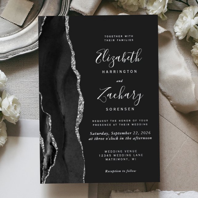 Invitation En Aluminium Mariage Moderne Noir Argent Agate Foncé (Créateur téléchargé)