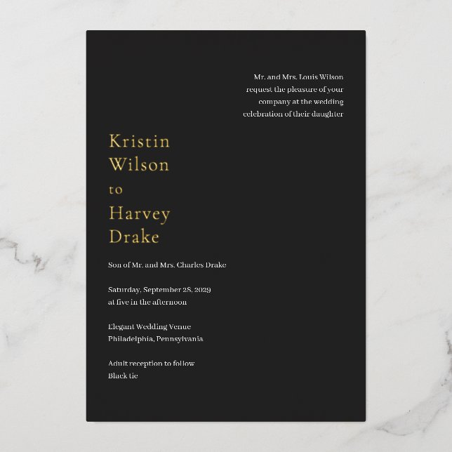 Invitation En Aluminium Mariage moderne noir élégant (Recto)