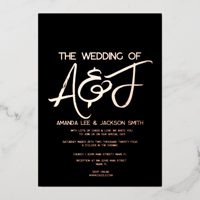 Invitation En Aluminium Mariage Moderne Noir et Or Rose  (Recto)