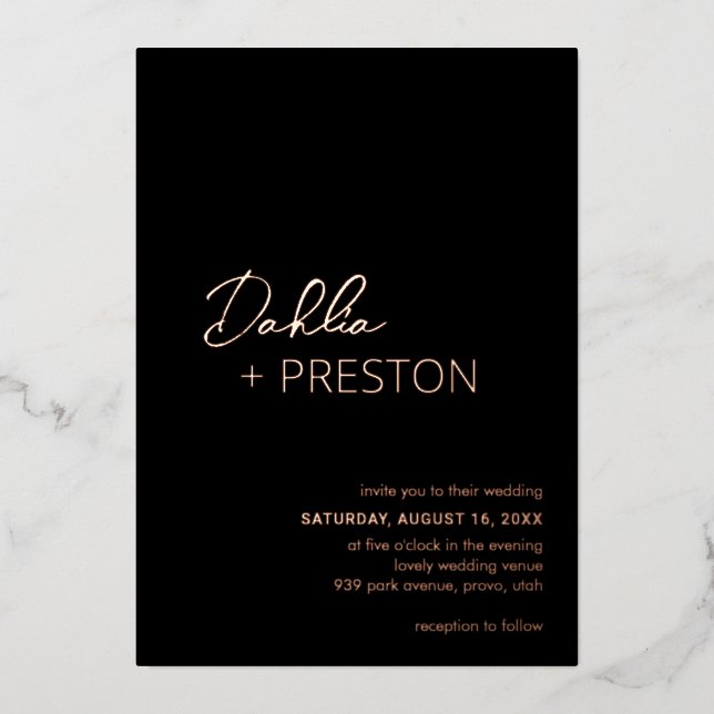 Invitation En Aluminium Mariage moderne noir minimal (Recto)