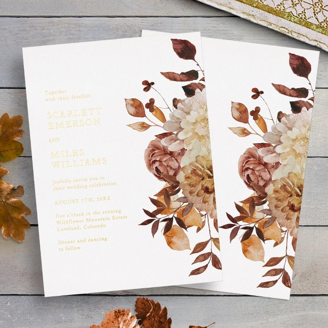 Invitation En Aluminium Mariage Moderne Or Automnal (White Fall Terracotta Leaves Modern Gold Wedding Foil Invitation by Painted Paperie
)