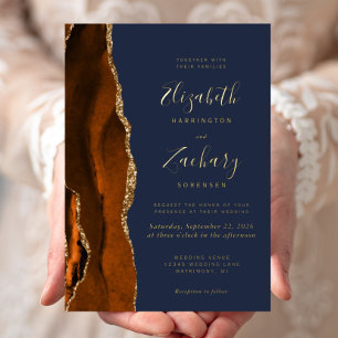 Invitation En Aluminium Mariage Moderne Orange Brûlé Agate Bleu Nuit
