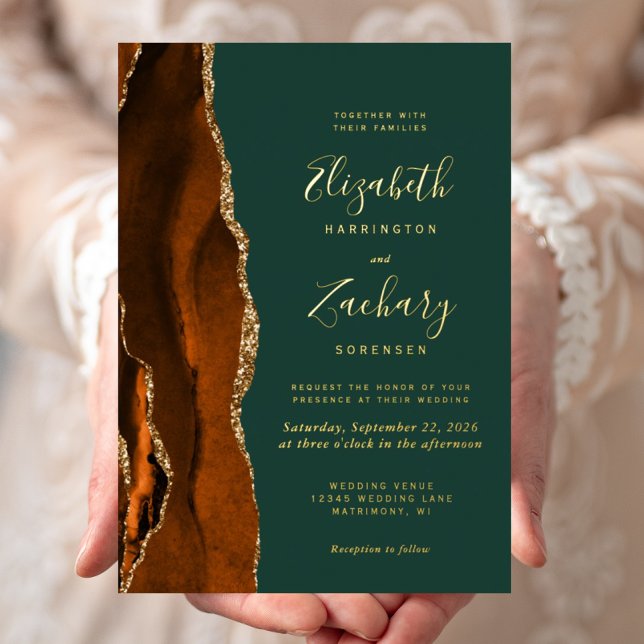 Invitation En Aluminium Mariage Moderne Orange Brûlé Agate Vert Émeraude (Créateur téléchargé)