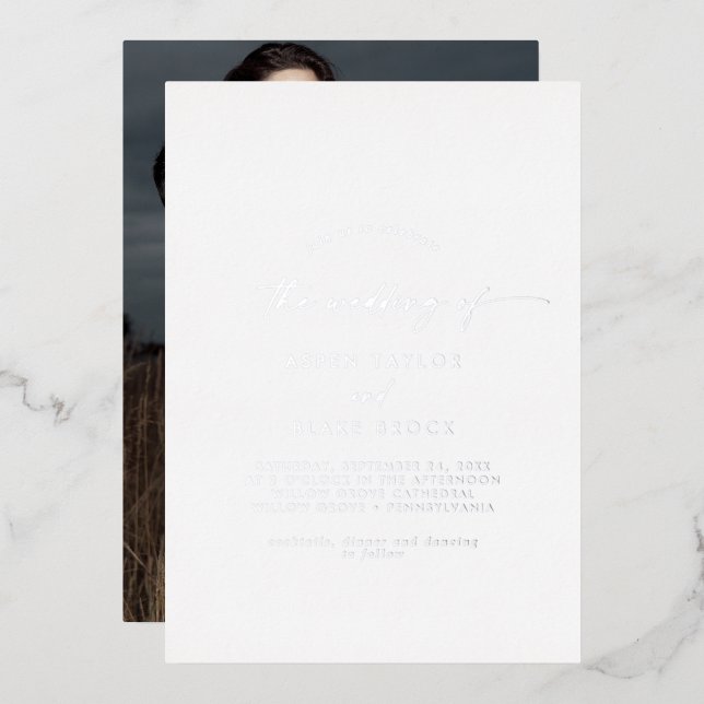 Invitation En Aluminium Mariage Moderne Photo Écriture Argentée Feuille (Recto/Verso)