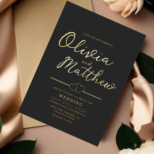 Invitation En Aluminium Mariage Moderne Romantique Script Or et Noir