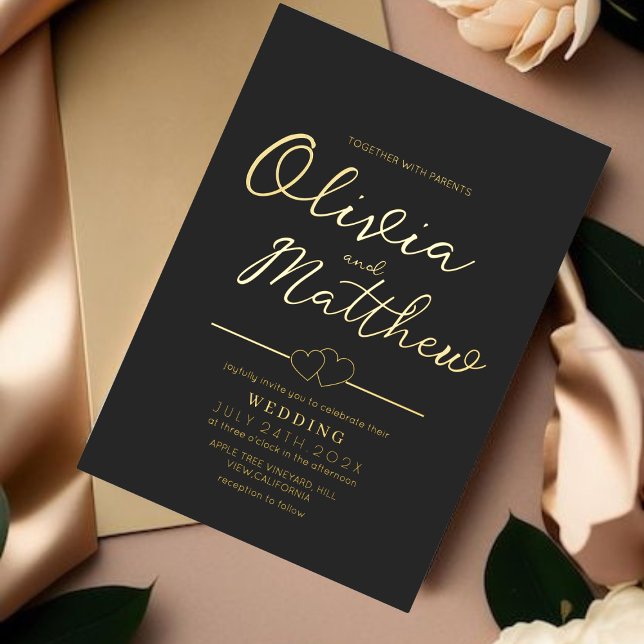 Invitation En Aluminium Mariage Moderne Romantique Script Or et Noir (Créateur téléchargé)