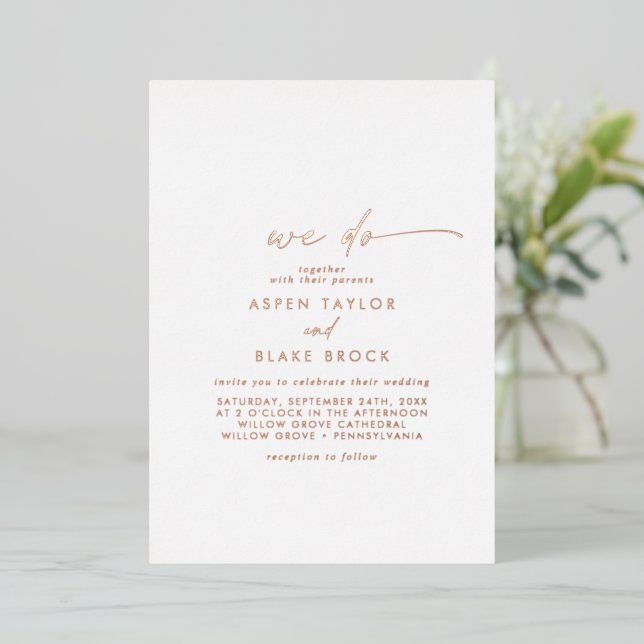 Invitation En Aluminium Mariage moderne rose gold écriture manuscrite (Debout devant)