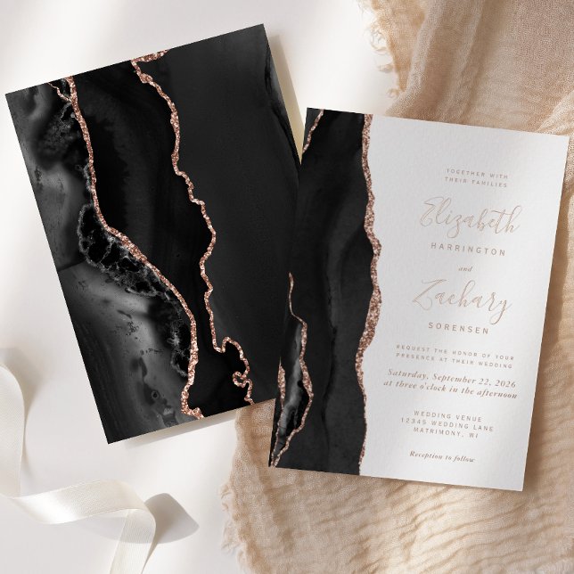 Invitation En Aluminium Mariage Moderne Rose Or Noir Agate (Créateur téléchargé)
