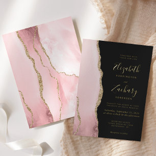 Invitation En Aluminium Mariage Moderne Rose Pâle Agate Dorée Sombre