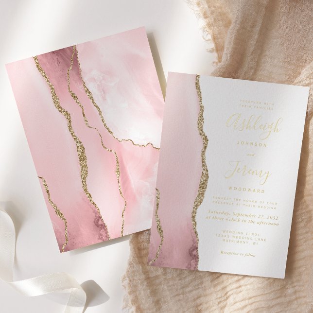 Invitation En Aluminium Mariage Moderne Rose Pâle Agate Or (Créateur téléchargé)