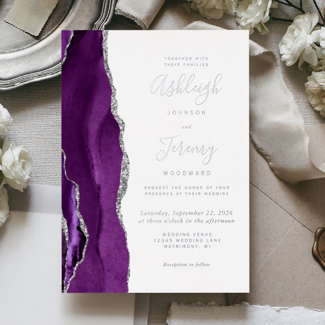 Invitation En Aluminium Mariage moderne Silver Purple Agate (Créateur téléchargé)