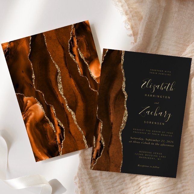 Invitation En Aluminium Mariage Moderne Sombre Agate Orange Brûlé (Créateur téléchargé)