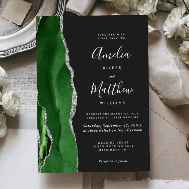 Invitation En Aluminium Mariage Moderne Sombre Vert Chasseur Agate Argent (Créateur téléchargé)