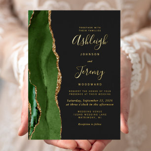 Invitation En Aluminium Mariage Moderne Sombre Vert Chasseur Agate Or
