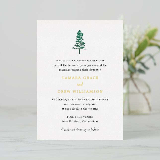 Invitation En Aluminium Mariage Moderne sous un Pin Rustique (Debout devant)