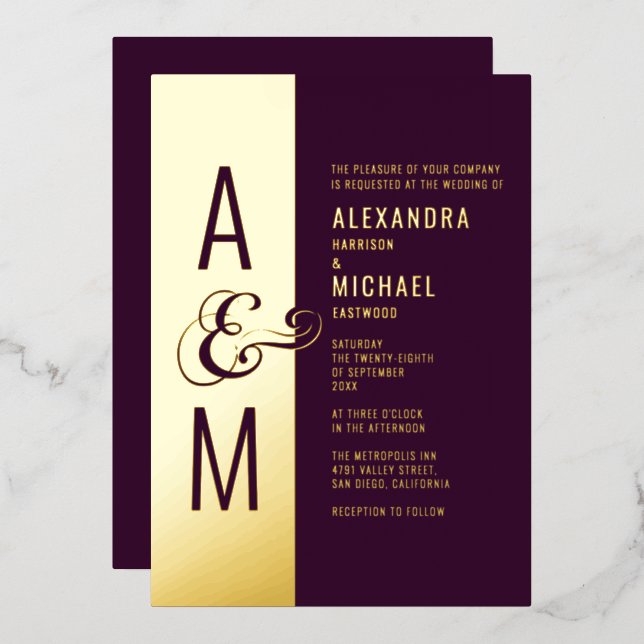 Invitation En Aluminium Mariage Moderne Typographie Monogramme Bourgogne (Recto/Verso)