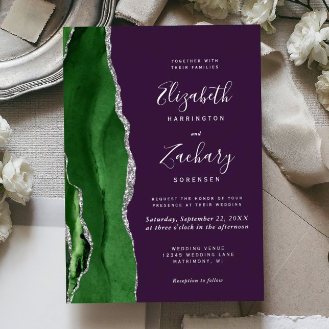 Invitation En Aluminium Mariage Moderne Vert Chasseur Agate Argent Violet (Créateur téléchargé)