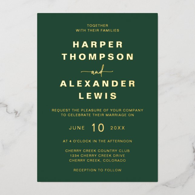 Invitation En Aluminium Mariage Moderne Vert Or (Recto)