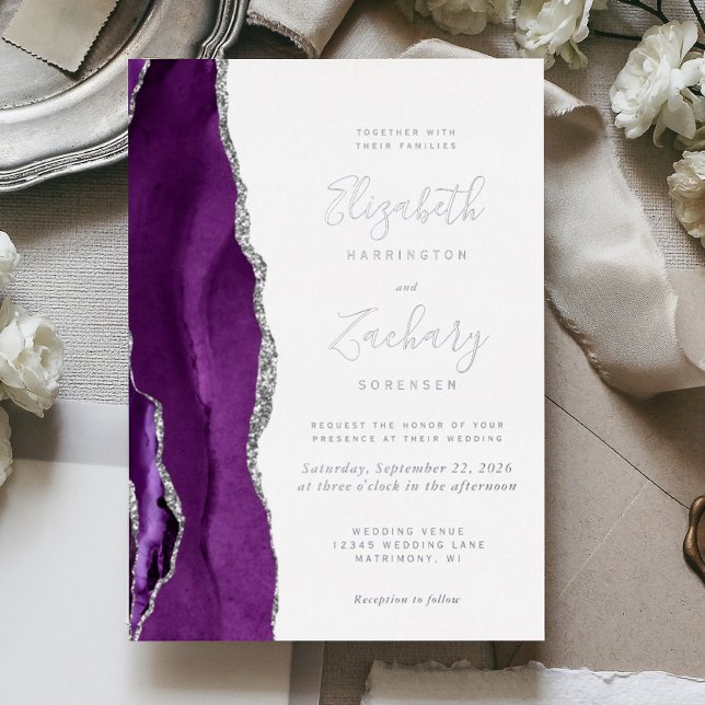 Invitation En Aluminium Mariage Moderne Violet Argent Agate (Créateur téléchargé)