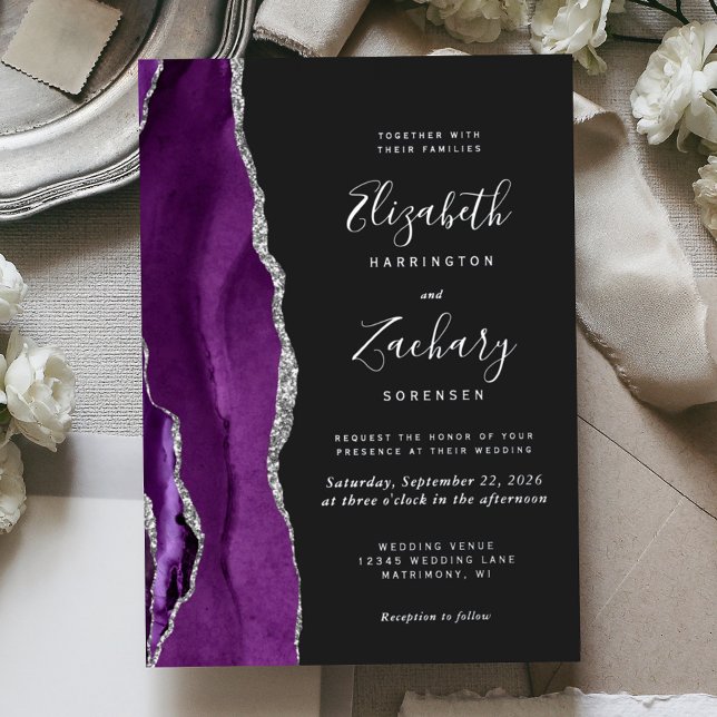 Invitation En Aluminium Mariage Moderne Violet Argent Agate Foncé (Créateur téléchargé)