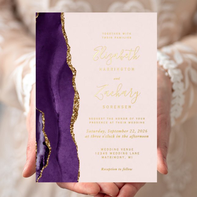 Invitation En Aluminium Mariage moderne violet doré Agate doré (Créateur téléchargé)