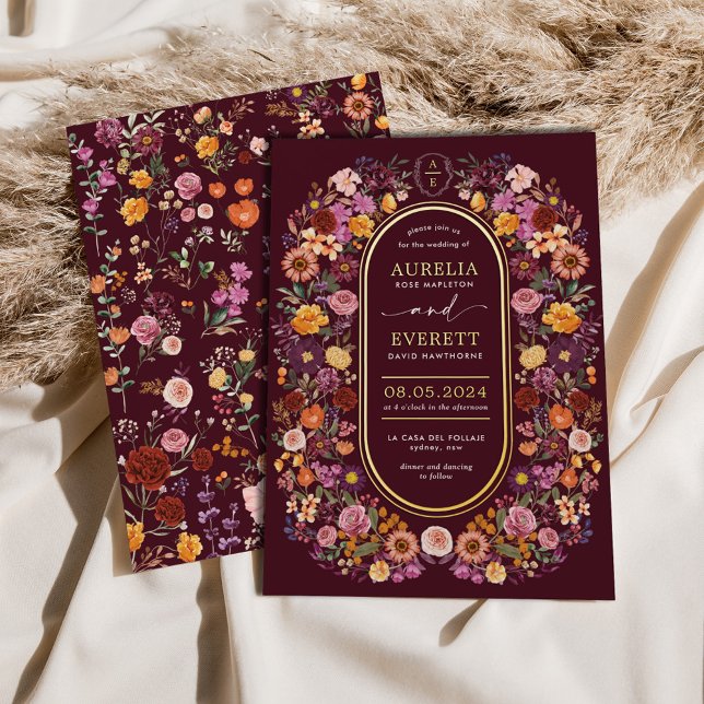 Invitation En Aluminium Mariage Monogram Crest Fleurs sauvages de Bourgogn (Créateur téléchargé)