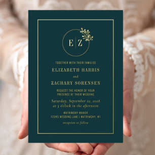 Invitation En Aluminium Mariage Monogram Wreath Emerald Green Gold