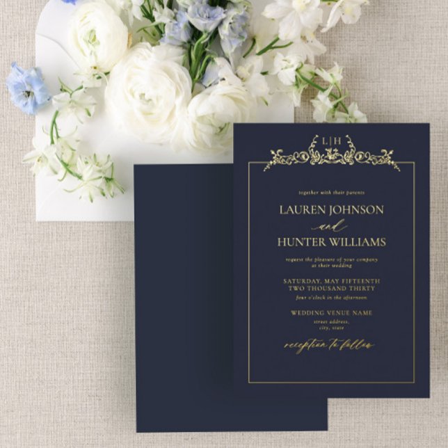 Invitation En Aluminium Mariage Monogramme à Bordure Florale Bleu Navy Or (Créateur téléchargé)