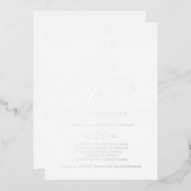 Invitation En Aluminium Mariage Monogramme Calligraphié Argent Romantique  (Recto/Verso)