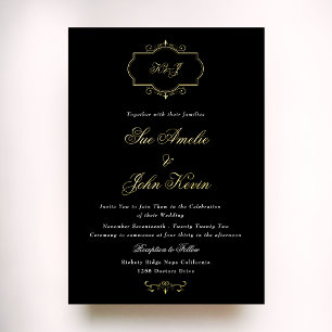 Invitation En Aluminium mariage monogramme classique noir blanc or véritab