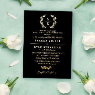 Invitation En Aluminium Mariage Monogramme Couronne Typographie Or Noir