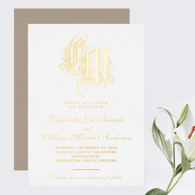 Invitation En Aluminium Mariage Monogramme doré vintage (I wish you happiness!!!)