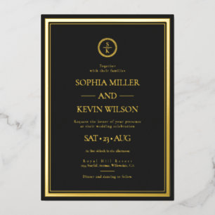 Invitation En Aluminium Mariage Monogramme moderne Black Gold Elegant